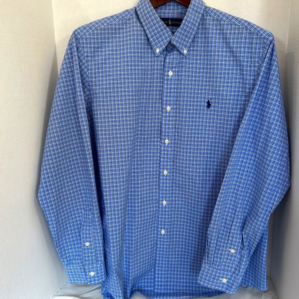 Men’s long sleeve button down,Ralph Lauren, XL, Blue, Black and White Plaid